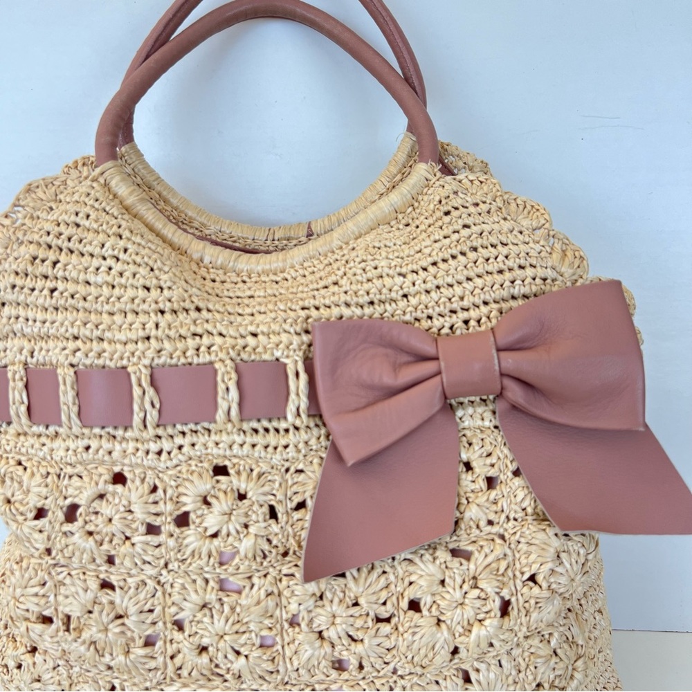 RED VALENTINO Cream Crochet Raffia Pink Mauve Leather Bow Shoulder Bag Tote - Picture 5 of 16
